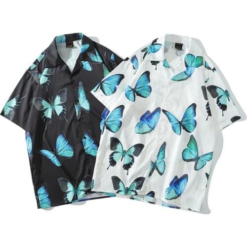 Men Shirt Short Sleeve Black White 2021 New Arrival Summer Loose Butterfly Male Shirt Thin Student Korean Style S79
