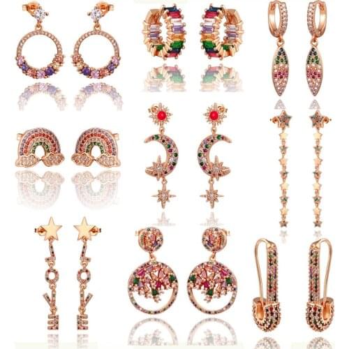 Distant Star Rainbow zircon Stud Earrings jewelry for Women gold rose cz Earrings love smile circle flower Earrings best gift