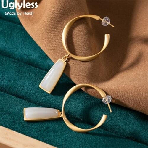 Uglyless Luxury Gold Twist Circles Earrings for Women Big Size Creative Simple Fashion Earrings Square Agate Jade Jasper Brincos