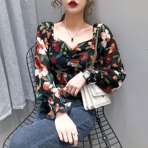 Square Collar Cherry Printed Chiffon Shirt Off-shoulder Short Slim Lantern Sleeve Summer Blouses