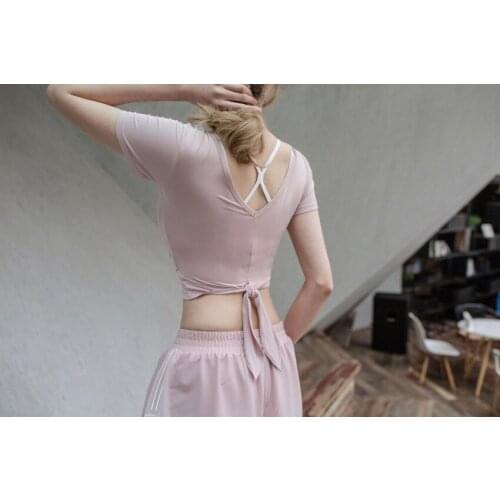 Yoga Top Seamless Yoga Shirt Short Sleeve Crop Top Women Sport Shirt Gym Women Top Gym T-shirt Two Way Quick Dry Tie Knot