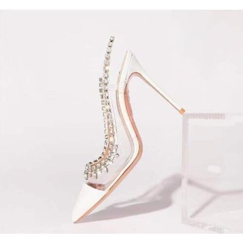 Bling Bling Crystal Tassels Shoes Pointed Toe PVC Rhinestone Patchwork Dress Pumps Glittering Wedding Shoes Bride White Beige