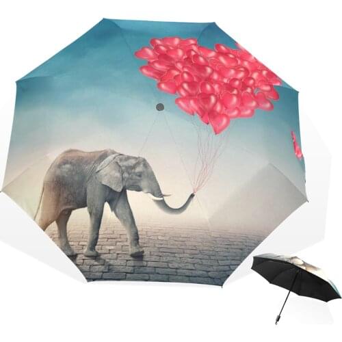 Creative Elephant with Red Hert Balloons Three Folding Women Umbrella Sunny Rainy Manual Umbrellas Rain Gear