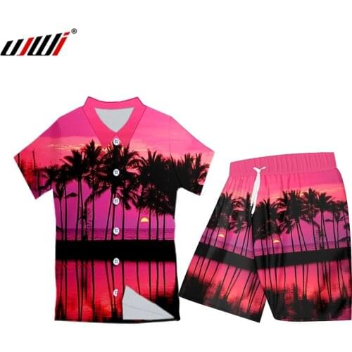 UJWI Harajuku Men Vest Trousers 3D Print Unisex Casual Pink Sunset Dusk Polo Shirt Tracksuit Set Hip Hop Trend T-shirt Whosale