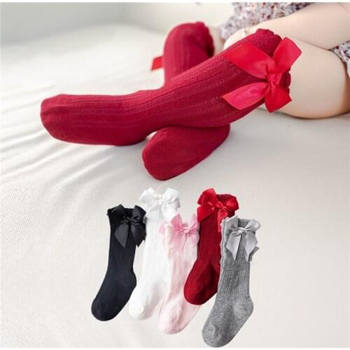 Spring Baby Girls Socks Cute Bowknot Breathable Knee High Children Tube Socks Fashion Solid Color Kids Socks