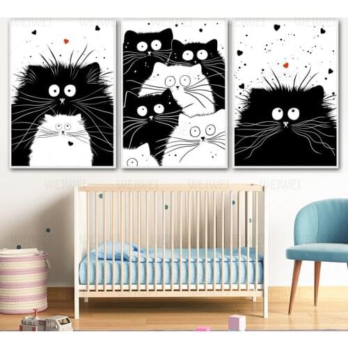 Funny Kitten Kids Room Decoration Painting Black and White Kitten Home Decoration Living Room Bedroom Wall Decoration Poster
