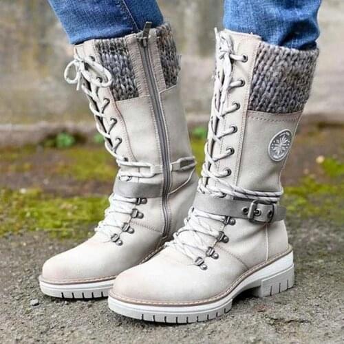 2021 New Fashion Brand Winter Mid Calf Boots Women Round Toe Square High Heel Snow Boots Lace Up String Women Boots Size 35-43