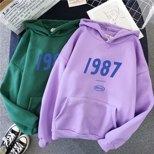 Autumn New Korean Women Sweatshirt 1987 Printed Harajuku Hoodie Pocket Loose Long Sleeve Pullovers Sweet Style Female Tops