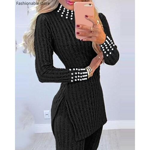 Women Winter Autumn Casual Knit Beaded Side Slit Long Sleeve Sweater & Pants Set Pullover Femme Sexy Outfit