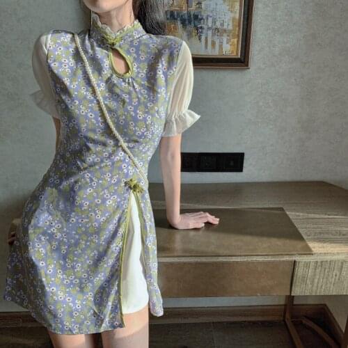 Lady Fashion Sweet Print Puff Sleeve Fairy Qipao Dress Korean Style Retro Sexy Bodycon Cheongsam Evening Dresses Women Clothing