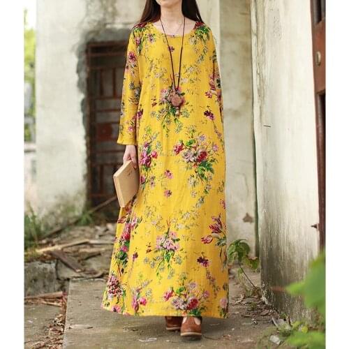 Dress Women 2021 Vintage Cotton Linen Ethnic Dress Long Robe Female Floral Print Boho Summer Vestido Plus Size 5XL Long Dress