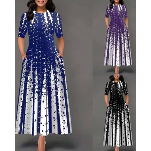 Lady Pullover Dress Mid Waist Round Neck Large Hem Dress Printing Half Sleeve Ankle-Length Dress for Daily Life