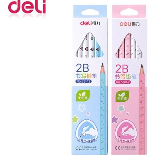 12 pcs / box Deli 58142, 2b triangle advanced graphite ruler scale pencil, log non-toxic pencil, student office stationery