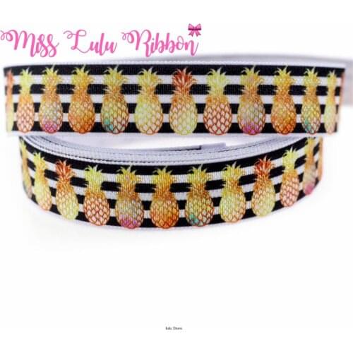 5/8"16mm stripe gold pineapple fruit printed fold over elastic ribbon diy handmade hair bows party decoration 50 yards MD7147