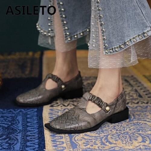 ASILETO New 2021 Ladies Flat Shoes Square Toe Genuine Leather Elastic Band Pearl Vintage Stylish Breathable Size 39 B2298