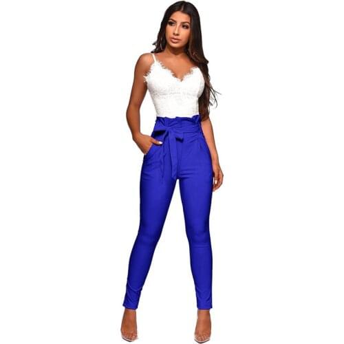 Women Casual High Waisted Pants Office Lady Elegant Slim Skinny Pencil Pants Pleated New Look Trousers with Bow Sashes Pockets