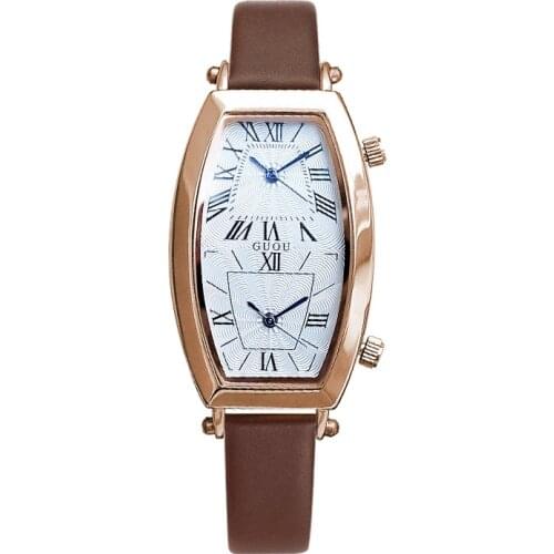 Fashion Watches Barrel shape double movement double dial Top Luxury Leather Strap Quartz Wristwatch New Women Casual Clock
