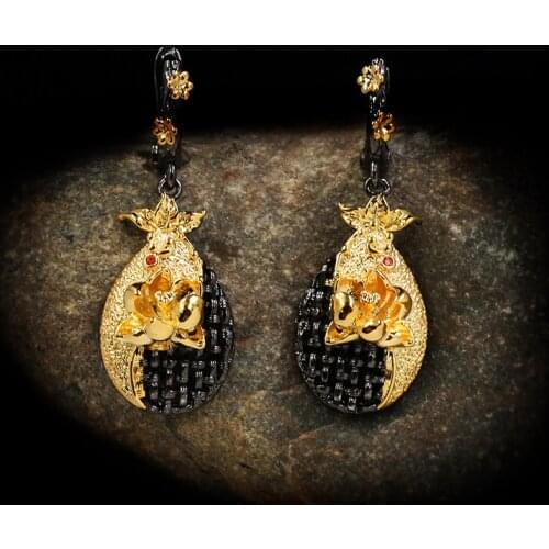 CIZEVA Bohemia Jewelry Womens Two Tone Black Gold Drop Earrings Vintage Elegant Flower Dangle Earrings Birthday Gifts