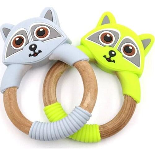 Wooden Ring Baby Teether Silicone Teethers Bracelet Cartoon Beech Wood Racoon Teething Ring Babies Rattles Tiny Rod Teether Toys
