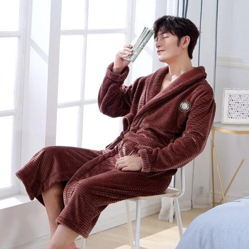 Homewear Winter Men Flannel Kimono Robe Gown Comfortable Keep Warm Sleepwear Nightwear Casual Bathrobe Soft Intimate Gowns
