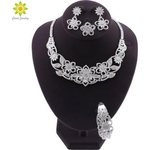 Dubai Elegant Women Silver Plated Jewelry Flower Shaped Necklace Bracelet Earrings Rings Party Wedding Fashion Jewelry Sets