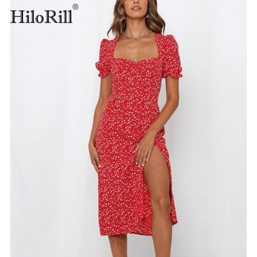 HiloRill Elegant Floral Print Dress Front Split Party Midi Dress Butterfly Short Sleeve Vintage Red Dress A-line Sundress Robe