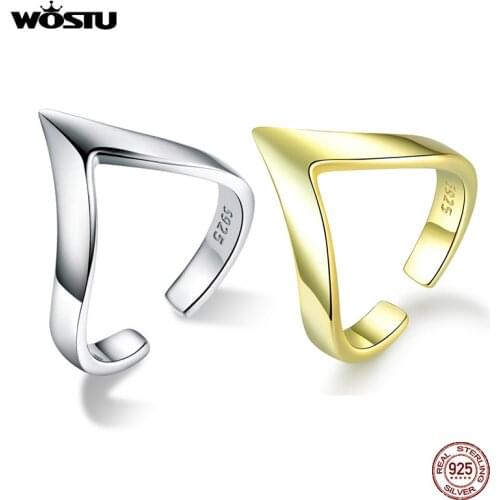 WOSTU Real 925 Sterling Silver V Shape Gold Color Ring For Women Adjustable Rings Wedding Engagement Jewelry Gift CQR470