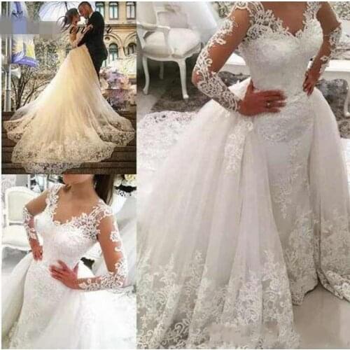 Dubai Lace Mermaid Wedding Dress With Detachable Train 2021 Wedding Dresses Long Sleeve Beaded Embroidery Appliques Wedding Gown