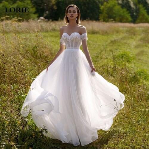 LORIE A Line Princess Wedding Dresses Sweetheart Neck Tassel Bride Dresses Off The Shoulder Appliques Boho Wedding Gowns