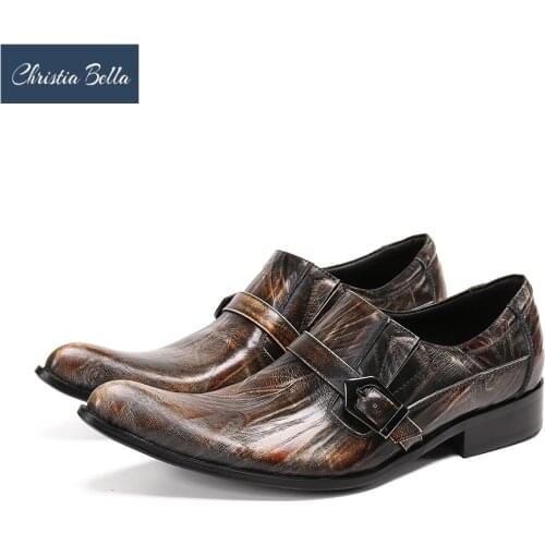Christia Bella Fashion Brown Party Men Shoes Pointed Toe Wedding Dress Shoes Buckle Real Leather Business Shoes Male Brogues