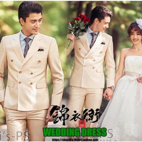 Singer stage Double-breasted clothing for men groom suit set with pants 2020 mens wedding suits costume formal dress khaki