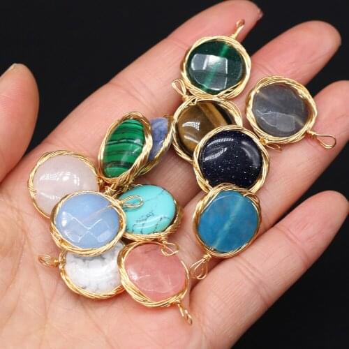 Wholesale Natural Stone Pendants Round Gold Color Wire Wrap Gem Crystal for Jewelry Making DIY Women Necklace Earring Gifts