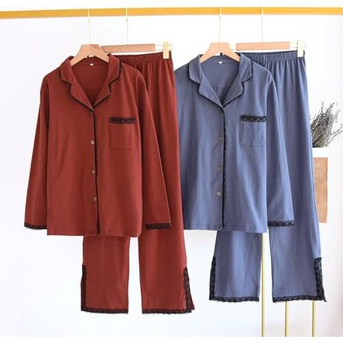 Women Spring Pajamas Cotton Long Sleeves Pijamas Solid Lapel Sleepwear Two Piece Loungewear Sets Plus Size Sexy Home Nightwear