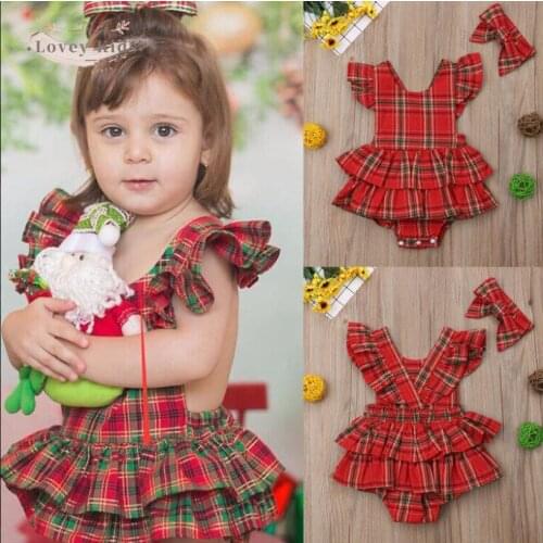 2020 Christmas Baby Girls Clothes Sweet Plaid Print Bodysuits Backless Ruffle Xmas 2PCS with Headband Party Costume 0-24M