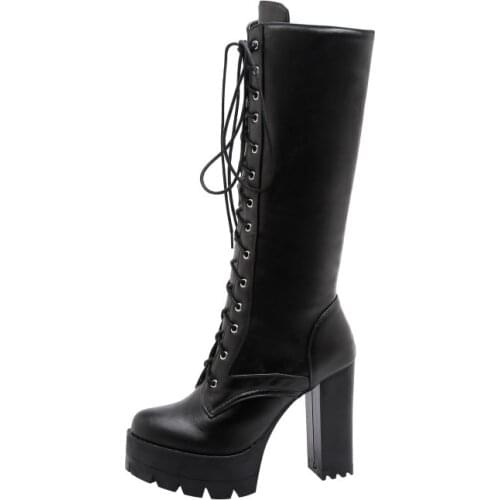 Winter Warm Fur Knee High Boots For Women Square High Heels Lace Up Thick Bottom Platform Black Shoes Woman Botas Femininas