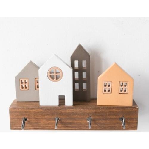 DIY creative small house assembled wooden home decoration hook Pastoral style Key hat wooden hook up
