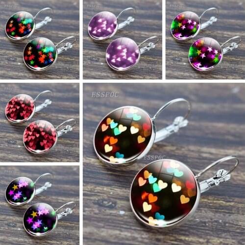 Cartoon Colorful Stars Fashion Love Heart Pattern Hook Earring Glass Cabochons Simple Style Hoop Earrings Women Jewelry Gifts