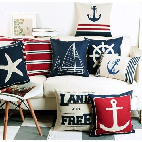 Blue Sea Compass Anchor Cushion Shell Starfish Pillows Mediterranean Throw Linen Pillowcase Home Decorative Decor Sofa Cushions