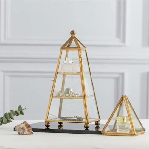 3 Tiers Jewelry Boxes Storage Geometric Storage Box For Jewelry Display Brass Glass Pyramid Jewelry Organizer Transparent Box
