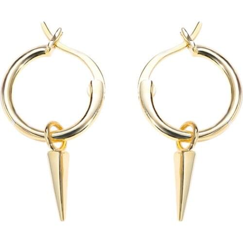 Hip-Hop Jewelry Authentic 925 Sterling silver Gold spike cone Hoop Huggie Earrings FINE jEWELRY tlE233