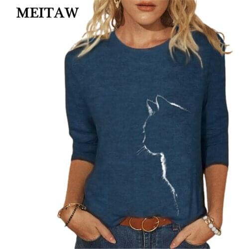 Women Spring Tee Shirt Vintage Cute Cat Printed T-Shirt 2021 Casual O-Neck Long Sleeve Loose Office Tops Plus Size