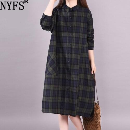 NYFS 2021 New Spring Autumn Large size plaid Shirt Dress Vestido de mujer Robe Elbise Dresses for women