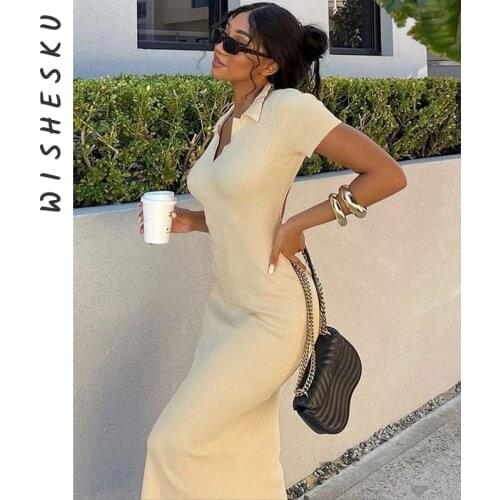 Summer Midi Dress Womens Black Lapel Neck Tight Knitted Robe Sexy Backless Short Sleeve Slit Bodycon Dresses Ladies Y2K Clothes