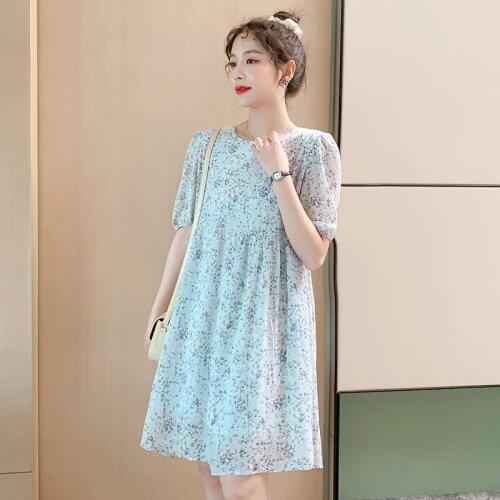 14050# Maternity Clothes Summer Chiffon Short Sleeves Loose Stylish Solid Dress Pregnant Women Mom Dress