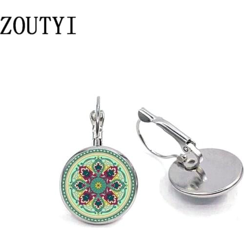 2019 / new glamour mandala flower photos, convex glass inlay earrings, ladies wear earrings jewelry gifts