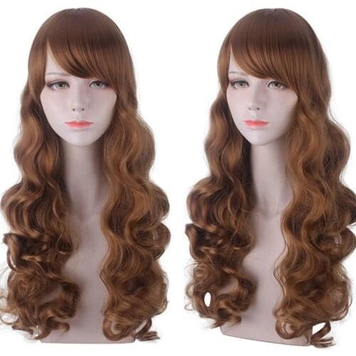 55cm Anime Light Brown Long Wavy Wig With Bangs Synthetic Hair Halloween Costume Party Wigs For Women