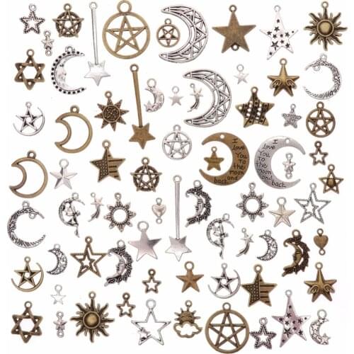 73Pcs/Set Handmade Metal Star Moon Vintage Mixed Charms DIY Fashion Retro Pentagram Pendant Charms for Jewelry Making