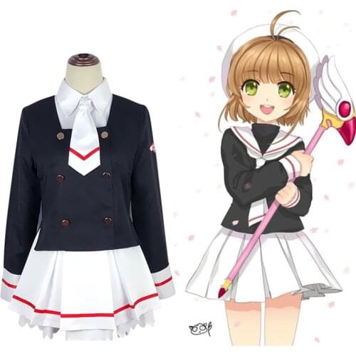 Anime Cosplay Card Captor Sakura Cos Top+skirt+tie+socks+Wigs+staff Adult Women Halloween Party Girls Kinomoto Sakura