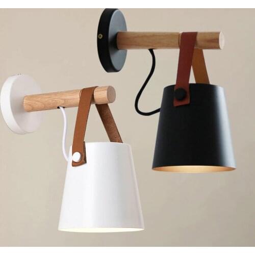 Wood-Wall-Light Bedroom Beside LED Light Black & White Modern Wall Lamp Nordic Style Wood Wall Sconce with Leather Belt WF1020