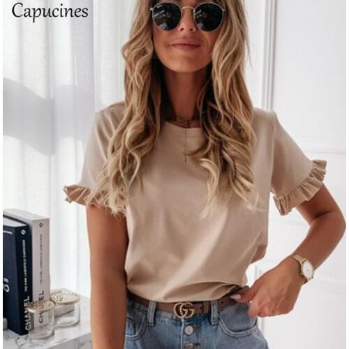 Capucines Summer Ruffle Trim Solid T Shirts Women Round Neck Short Sleeve Casual Cute all-match Ladies Tops Stretchy Tshirt